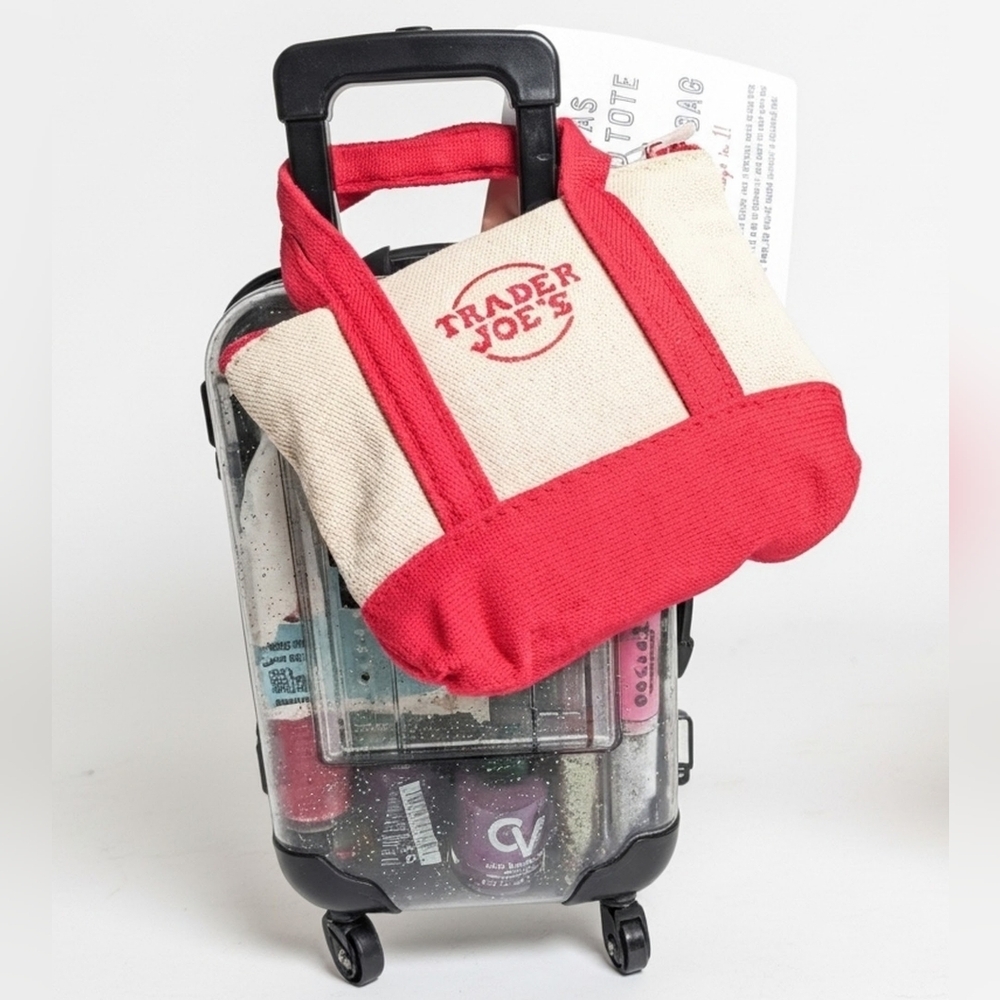 Nwt Trader Joe's Micro Zip Red Tote + Clear Glitter Rolling Suitcase Luggage Set